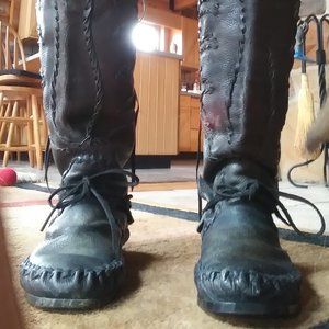 Black leather Moccasin Boots with hard sole. Size 7 -7.5
